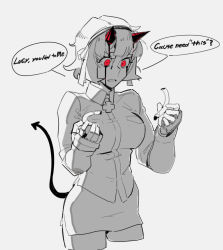 Rule 34 | 1girl, azazel (helltaker), blood, blood on face, bloody tears, breast pocket, breasts, broken halo, commentary request, cowboy shot, cropped legs, cross, demon girl, demon tail, english text, gloves, grey background, greyscale, halo, helltaker, holding halo, hong doo, horns, jacket, large breasts, long sleeves, looking down, monochrome, pocket, red eyes, short hair, simple background, skirt, solo, speech bubble, spot color, tail, tears