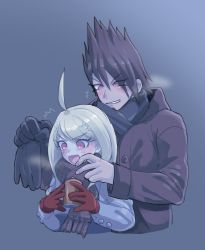 Rule 34 | 1boy, 1girl, :d, ahoge, akamatsu kaede, alternate costume, black hair, blonde hair, blue background, blush, breath, coat, commentary request, cropped torso, cup, danganronpa (series), danganronpa v3: killing harmony, gloves, unworn gloves, grey background, grin, hair ornament, holding, holding clothes, holding cup, holding gloves, long hair, long sleeves, looking at another, momota kaito, open mouth, pink eyes, plaid, plaid scarf, purple eyes, red gloves, scarf, simple background, single glove, smile, spiked hair, teeth, upper body, yokono shima