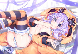 Rule 34 | 1girl, alternate costume, animal hood, ass, bare shoulders, blush, breasts, choker, coat, commentary, controller, convenient arm, d-pad, eating, english commentary, finger sucking, food, game controller, gamepad, giga-tera, hair between eyes, halloween, halloween costume, hands up, holding, holding food, hood, indoors, jacket, legs up, looking at viewer, lying, medium hair, neptune (neptunia), neptune (series), no bra, no pants, off shoulder, on back, open clothes, open coat, orange coat, orange jacket, panties, small breasts, solo, striped clothes, striped panties, striped thighhighs, tears, thighhighs, thighs, underwear, white choker