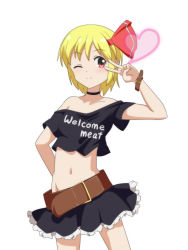 Rule 34 | 1girl, ;), arm up, bare shoulders, belt, black choker, black shirt, black skirt, blonde hair, blush, brown belt, cato (monocatienus), choker, clothes writing, collarbone, commentary request, cosplay, cowboy shot, crop top, groin, hair ribbon, heart, hecatia lapislazuli, hecatia lapislazuli (cosplay), looking at viewer, midriff, miniskirt, navel, off-shoulder shirt, off shoulder, one eye closed, petticoat, red eyes, red ribbon, ribbon, rumia, shirt, short hair, short sleeves, simple background, skirt, skirt set, smile, solo, standing, stomach, t-shirt, touhou, v, v over eye, white background, wristband
