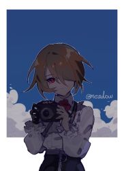 Rule 34 | 1girl, black gloves, blue sky, border, camera, closed mouth, cloud, cloudy sky, frilled shirt, frills, gloves, hair over one eye, holding, holding camera, honkai (series), honkai impact 3rd, long sleeves, looking at viewer, meadow (morphinecaca), mole, mole under eye, rita rossweisse, rita rossweisse (fallen rosemary), shaded face, shirt, short hair, single glove, sky, smile, solo, white border, white shirt