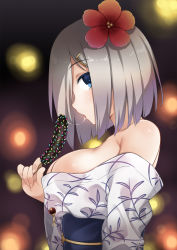 Rule 34 | 10s, 1girl, blue eyes, blush, bob cut, breasts, chocolate banana, female focus, flower, gradient background, hair flower, hair ornament, hair over one eye, hairclip, hamakaze (kancolle), highres, japanese clothes, kantai collection, kimono, large breasts, looking at viewer, obi, open mouth, ren san, saliva, saliva trail, sash, sexually suggestive, short hair, silver hair, solo, tongue, tongue out, yukata