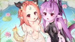 Rule 34 | 2girls, absurdres, afloat, ahoge, black dress, black gloves, blush, breasts, colored skin, commentary request, copyright request, day, demon girl, demon horns, demon wings, dragon girl, dragon horns, dragon tail, dress, elbow gloves, fang, flame-tipped tail, flower, forehead jewel, gloves, groin, hair between eyes, hair ornament, halter dress, halterneck, high ponytail, highres, horns, ia (ias1010), lily pad, long hair, lotus, low wings, medium breasts, ming (mg), multiple girls, navel, open mouth, outdoors, parted bangs, pink flower, pink skin, pointy ears, ponytail, purple hair, red eyes, red hair, red wings, single elbow glove, sleeveless, sleeveless dress, tail, very long hair, water, wet, white dress, white gloves, wings, yong (mg)