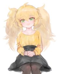 Rule 34 | 1girl, :d, ahoge, bad id, bad pixiv id, black pantyhose, black skirt, blonde hair, collarbone, commentary request, dokomon, fang, girls&#039; frontline, green eyes, hair between eyes, hairband, highres, korean commentary, long hair, long sleeves, looking at viewer, open mouth, own hands together, pantyhose, s.a.t.8 (girls&#039; frontline), shirt, simple background, sketch, skirt, smile, solo, twintails, very long hair, white background, yellow hairband, yellow shirt