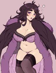 Rule 34 | 1girl, artist name, belly, black feathers, black hair, black thighhighs, black wings, blush, bra, breasts, cleavage, clothing request, collarbone, eyeshadow, feathered wings, feathers, harpy, highres, large breasts, long hair, looking at viewer, makeup, messy hair, midriff, mole, mole under mouth, monster girl, navel, open mouth, original, panties, parted bangs, purple bra, purple eyes, purple eyeshadow, purple lips, purple panties, red background, simple background, solo, squeans, the scarlet devil, thick eyebrows, thick thighs, thighhighs, thighs, underwear, winged arms, wings