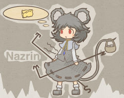 Rule 34 | 1girl, akihiyo, animal ears, basket, blush stickers, capelet, cheese, dowsing rod, dress, english text, female focus, food, gem, grey hair, hungry, jewelry, mouse (animal), mouse ears, mouse tail, nazrin, necklace, pendant, red eyes, shoes, socks, solo, standing, tail, thought bubble, touhou