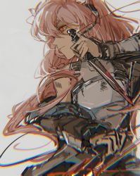 Rule 34 | 1girl, animal ear fluff, animal ears, arknights, armor, barcode, barcode tattoo, bare shoulders, black jacket, blood, breastplate, closed mouth, dagger, dual wielding, eyebrows hidden by hair, gravel (arknights), hair between eyes, highres, holding, holding weapon, jacket, knife, long hair, long sleeves, open clothes, open jacket, pink hair, red eyes, shoulder tattoo, simple background, solo, tattoo, upper body, v-shaped eyebrows, weapon, white background