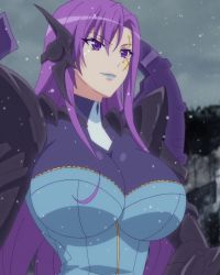 Rule 34 | 1girl, armor, blue lips, bodysuit, breasts, facial mark, female focus, highres, large breasts, lipstick, long hair, makeup, masou gakuen hxh, naughty face, pauldrons, purple eyes, purple hair, shoulder armor, smile, snowing, solo, stitched, third-party edit, upper body, zelshione