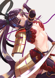 Rule 34 | 1girl, absurdres, armor, breasts, dual wielding, fate/grand order, fate (series), highres, holding, holding sword, holding weapon, japanese armor, katana, koisuke, long hair, looking at viewer, open clothes, purple hair, simple background, solo, stomach, sword, taira no kagekiyo (fate), ushiwakamaru (fate), weapon, white background, yellow eyes