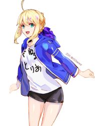 Rule 34 | 1girl, 2015, :d, ahoge, alternate costume, artoria pendragon (all), artoria pendragon (fate), astarone, blonde hair, bow, braid, casual, dated, fate/stay night, fate (series), green eyes, hair bow, hood, hoodie, leaning forward, looking at viewer, open mouth, saber (fate), shorts, smile, solo, white background
