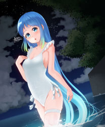 Rule 34 | 1girl, blue eyes, blue hair, casual one-piece swimsuit, cloud, commentary request, dutch angle, frilled swimsuit, frills, gradient hair, kahakurei, kantai collection, long hair, looking at viewer, multicolored hair, night, night sky, one-piece swimsuit, samidare (kancolle), sky, soaking feet, solo, standing, swept bangs, swimsuit, thigh strap, tree, very long hair, water, white one-piece swimsuit