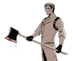 Rule 34 | 1boy, axe, blood, bloody weapon, glasses, joseph oda, male focus, mugikoma, simple background, solo, the evil within, vest, waistcoat, weapon, white background