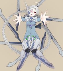 Rule 34 | 1girl, ahoge, bad id, bad pixiv id, blazblue, bodysuit, highres, mecha musume, nu-13, outstretched arms, red eyes, silver hair, spread arms, visor