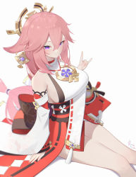 Rule 34 | 1girl, absurdres, animal ears, armpit crease, bad id, bad pixiv id, bare shoulders, blush, breasts, closed mouth, detached sleeves, dongye1551, earrings, eyeliner, eyeshadow, feet out of frame, fingernails, floral print, fox ears, fox shadow puppet, genshin impact, hair between eyes, hair ornament, headgear, highres, japanese clothes, jewelry, knees, lantern, large breasts, legs, long hair, looking at viewer, low-tied long hair, makeup, miko, nail polish, pink hair, pink nails, priestess, print sleeves, purple eyes, red eyeshadow, ribbon-trimmed sleeves, ribbon trim, sidelocks, simple background, sitting, solo, tassel, thick thighs, thighs, turtleneck, white background, wide sleeves, yae miko