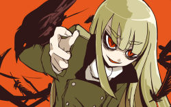 Rule 34 | 1girl, animal, animal on arm, bird, bird on arm, blonde hair, buttons, double-breasted, feathers, grete m. gollob, jacket, long hair, long sleeves, military, military uniform, open mouth, orange background, orange eyes, pale skin, rapan, raven, crow, slit pupils, smile, solo, strike witches, uniform, world witches series