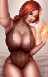 Rule 34 | 1girl, breasts, cleavage, flowerxl, huge breasts, lipstick, makeup, solo, the witcher (series), triss merigold