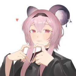 Rule 34 | 1girl, animal ears, arknights, black hairband, black shirt, blush, closed mouth, commentary request, ear piercing, hair between eyes, hairband, hands up, heart, heart hands, highres, lin (arknights), long hair, long sleeves, looking at viewer, najashi, piercing, pink hair, red eyes, shirt, simple background, solo, upper body, white background, wide sleeves