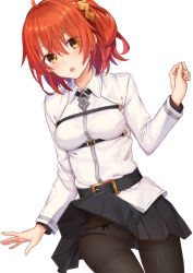 Rule 34 | ahoge, black pantyhose, blouse, clothes lift, collared shirt, commentary request, cowboy shot, fate/grand order, fate (series), fujimaru ritsuka (female), hair between eyes, highres, panties, pantyhose, pantyshot, shirt, shuutou haruka, simple background, standing, tagme, underwear, white background, white shirt