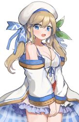 Rule 34 | 1girl, absurdres, bare shoulders, blonde hair, blue eyes, blush, breasts, cleavage, cucouroux (granblue fantasy), frilled skirt, frills, granblue fantasy, hair between eyes, hat, highres, large breasts, open mouth, pocari (sq551), skirt, twintails