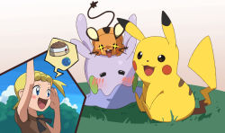 Rule 34 | + +, 1girl, :d, arm up, blonde hair, blue eyes, blush stickers, bonnie (pokemon), brown shirt, cloud, commentary request, creatures (company), dedenne, game freak, gen 1 pokemon, gen 6 pokemon, goomy, gouda takeshi (dogezakaiden), grass, hand up, nintendo, open mouth, pikachu, pokemon, pokemon (anime), pokemon (creature), pokemon xy (anime), shirt, short hair, short sleeves, sky, smile, spoken object, tongue
