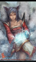 Rule 34 | 1girl, ahri (league of legends), animal ears, bare shoulders, black hair, breasts, champion (ragnarok online), cleavage, energy ball, facial mark, female focus, foliage, fox, fox ears, fox tail, game, korean clothes, league of legends, long hair, magic, multiple tails, smile, solo, tail, tassel, whisker markings