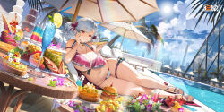 1girl beach_umbrella bell bikini blue_sky bow breasts burger chair chinese_commentary chocolate_fountain cityscape cleavage closed_mouth cloud cloudy_sky cocktail cocktail_umbrella commentary_request copyright_name curvy drinking_straw eating flower food food_on_face fruit full_body girls&#039;_frontline girls&#039;_frontline_2:_exilium grapes grey_hair hair_bow highres holding holding_food holding_pizza ice ice_cube jewelry large_breasts lemon lemon_slice lifebuoy logo lounge_chair lying navel neck_bell necklace official_alternate_costume official_art on_side outdoors pie pink_bikini pink_bow pizza pizza_slice pool purple_flower red_eyes shoes sky smile solo spas-12_(girls&#039;_frontline) stomach sun swim_ring swimsuit toeless_footwear twintails two-tone_bikini umbrella white_bikini white_flower wide_hips