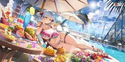 Rule 34 | 1girl, beach umbrella, bell, bikini, blue sky, bow, breasts, burger, chair, chinese commentary, chocolate fountain, cityscape, cleavage, closed mouth, cloud, cloudy sky, cocktail, cocktail umbrella, commentary request, copyright name, curvy, drinking straw, eating, flower, food, food on face, fruit, full body, girls&#039; frontline, girls&#039; frontline 2: exilium, grapes, grey hair, hair bow, highres, holding, holding food, holding pizza, ice, ice cube, jewelry, large breasts, lemon, lemon slice, lifebuoy, logo, lounge chair, lying, navel, neck bell, necklace, official alternate costume, official art, on side, outdoors, pie, pink bikini, pink bow, pizza, pizza slice, pool, purple flower, red eyes, shoes, sky, smile, solo, spas-12 (girls&#039; frontline), stomach, sun, swim ring, swimsuit, toeless footwear, twintails, two-tone bikini, umbrella, white bikini, white flower, wide hips