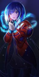 Rule 34 | 1girl, absurdres, bad id, bad pixiv id, black pantyhose, blue background, blue eyes, blue hair, blue hoodie, braid, colored inner hair, commentary request, cowboy shot, crystal earrings, dress, earrings, glowing, grey dress, highres, hood, hood down, hoodie, jewelry, kamitsubaki studio, long sleeves, looking at viewer, multicolored hair, open clothes, open hands, open hoodie, open mouth, orange hoodie, own hands together, pantyhose, red hair, rim (kamitsubaki studio), short hair, side braid, single braid, sleeves past wrists, solo, standing, tirudo29, tongue, two-tone hair, two-tone hoodie, virtual youtuber, yellow pupils