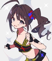 Rule 34 | 1girl, :d, ahoge, belt, black gloves, breasts, brown hair, cleavage, crop top, fingerless gloves, gloves, grey background, grey eyes, hair intakes, hair ornament, hair scrunchie, hand up, highres, idolmaster, idolmaster (classic), idolmaster million live!, idolmaster movie, looking at viewer, medium breasts, midriff, miniskirt, mochizuki kei, navel, one side up, open mouth, scrunchie, skirt, smile, solo, sparkle, sparkle background, standing, star piece dreamer, yokoyama nao