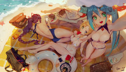 Rule 34 | 4girls, :d, aqua hair, arm at side, arm support, arm up, ass, bangle, bare legs, barefoot, beach, bikini, blonde hair, blue eyes, blue one-piece swimsuit, book, bracelet, braid, breasts, butt crack, casual one-piece swimsuit, cellphone, chair, cleavage, cleavage cutout, closed eyes, clothing cutout, criss-cross halter, earrings, eating, flat chest, food, foreshortening, frilled bikini, frills, from above, fruit, glasses, gluteal fold, green eyes, hair between eyes, hair ornament, hair ribbon, hairclip, halterneck, han-0v0, han-gyaku-sei million arthur, heterochromia, highres, innertube, jewelry, large breasts, looking at viewer, lounge chair, lying, medium breasts, million arthur (series), multiple girls, navel, o-ring, o-ring bikini, o-ring top, one-piece swimsuit, open book, open mouth, outdoors, parted bangs, phone, picnic basket, ponytail, purple hair, ribbon, short hair, side-tie bikini bottom, side ponytail, sidelocks, single braid, sitting, smartphone, smile, standing, string bikini, swim ring, swimsuit, watermelon, white bikini