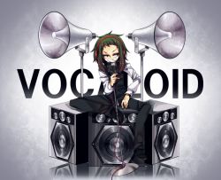 Rule 34 | 1girl, :x, absurdres, annoyed, bad id, bad pixiv id, black eyes, cable, female focus, gradient background, green hair, gumi, haru (oomr005), headphones, highres, megaphone, microphone, nail polish, sitting, solo, speaker, tape, vocaloid, white background