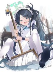 Rule 34 | 1girl, apron, aris (blue archive), aris (maid) (blue archive), black dress, black hair, blue archive, blue eyes, blue ribbon, blush, collared dress, dress, frilled apron, frills, fukuda935, green halo, halo, hands up, holding, holding mop, long hair, maid, maid apron, maid headdress, mop, official alternate costume, open mouth, parted bangs, puffy short sleeves, puffy sleeves, ribbon, shoe soles, shoes, short sleeves, side ponytail, sitting, socks, spread legs, rectangular halo, sweat, very long hair, white apron, white socks, wrist cuffs