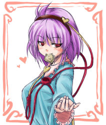 Rule 34 | 1girl, beckoning, blush, breasts, condom, condom in mouth, fechirin, female focus, komeiji satori, lowres, mouth hold, pink hair, red eyes, short hair, solo, touhou