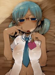 Rule 34 | 1girl, bespectacled, blue eyes, blue hair, blush, breasts, condom, covered erect nipples, glasses, cube hair ornament, hair ornament, heavy breathing, large breasts, looking at viewer, lying, masha, matching hair/eyes, naganohara mio, navel, necktie, nichijou, nipples, no bra, no nose, on back, open clothes, open mouth, open shirt, see-through, shirt, short hair, short twintails, solo, sweat, twintails