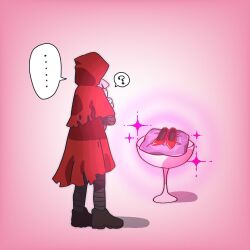 Rule 34 | 2girls, ?, bandaged leg, bandages, boots, brown footwear, cloak, cushion, full body, hood, hood up, hooded cloak, laetitia (project moon), little red riding hooded mercenary, lobotomy corporation, multiple girls, pedestal, pink background, project moon, red cloak, shadow, sparkle, spoken egg, spoken question mark, standing, the red shoes (project moon), tomatomari