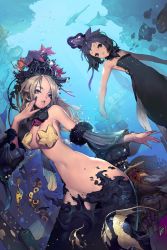 Rule 34 | 00s, 2007, 2girls, armpits, artist name, bad id, bad pixiv id, bare shoulders, black eyes, black hair, blonde hair, blue eyes, blue nails, breasts, bubble, c type, cleavage, conductor, crab, ctype, detached sleeves, dress, dutch angle, earrings, fingernails, fish, flat chest, gem, hand on own cheek, hand on own face, hat, headdress, highres, jewelry, large breasts, lips, long fingernails, long hair, mermaid, monster girl, multiple girls, nail polish, narrow waist, navel, original, parted lips, pasties, pearl (gemstone), scales, seaweed, shark, starfish, underwater