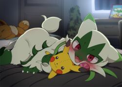 1boy animal_ears bed commentary creatures_(company) dagashi_(daga2626) eevee fangs floragato game_freak gen_1_pokemon highres indoors looking_at_viewer lying nintendo on_bed on_side open_mouth pikachu pokemon pokemon_(creature) red_eyes smile sprigatito stuffed_toy