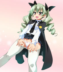 Rule 34 | 10s, 1girl, :d, anchovy (girls und panzer), anzio school uniform, belt, black cape, black necktie, black ribbon, black skirt, bow, bow panties, cape, cleft of venus, clothes pull, commentary request, crotch seam, dress shirt, drill hair, dutch angle, emblem, girls und panzer, green hair, hair ribbon, highres, long hair, long sleeves, looking to the side, miniskirt, necktie, open mouth, ouhashi, panties, pantyhose, pantyhose pull, pleated skirt, red eyes, ribbon, school uniform, shirt, skirt, smile, solo, standing, sweat, twin drills, twintails, underwear, white pantyhose, white shirt