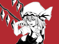 Rule 34 | 1girl, ascot, bad id, bad pixiv id, flandre scarlet, hat, looking at viewer, monochrome, open mouth, red background, ribbon, saliva, shika miso, short hair, side ponytail, simple background, smile, solo, touhou, wings