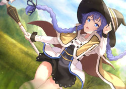 Rule 34 | 1girl, absurdres, bare legs, black hat, black skirt, blue eyes, blue hair, blurry, blurry background, braid, cape, day, dress shirt, floating hair, graynacht, hair between eyes, hat, highres, holding, holding staff, long hair, long sleeves, miniskirt, mushoku tensei, open mouth, outdoors, roxy migurdia, shirt, skirt, solo, staff, thigh gap, twin braids, twintails, underbust, very long hair, white shirt, witch hat, yellow cape