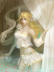 Rule 34 | 10s, 1girl, 2012, bare shoulders, blonde hair, blue eyes, bracelet, braid, breasts, cleavage, crop top, crop top overhang, dated, detached sleeves, elysium (soulcalibur), feathers, flower, hair ornament, head wings, highres, jewelry, large breasts, lips, long hair, looking at viewer, lots of jewelry, midriff, miniskirt, navel, nose, orry, parted lips, petals, realistic, see-through, signature, skindentation, skirt, solo, soul calibur, soulcalibur, soulcalibur v, underboob, water, wings