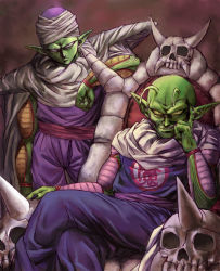 Rule 34 | 2boys, age difference, antennae, arm support, cape, colored skin, dragon ball, dual persona, father and son, green skin, grin, crossed legs, male focus, multiple boys, piccolo, piccolo daimaou, pointy ears, sitting, skull, smile, spikes, stargeyser, support, throne, time paradox, turban