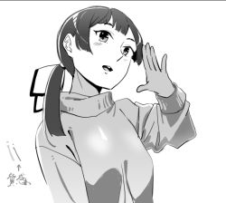 Rule 34 | 1girl, doushi tatsu to dekkai no, fujinami (kancolle), greyscale, hair ribbon, kantai collection, long hair, monochrome, official alternate costume, open mouth, ribbon, side ponytail, simple background, solo, sweater, teeth, translation request, upper teeth only
