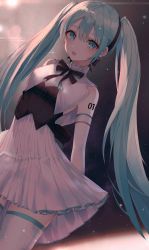 Rule 34 | 1girl, absurdres, black ribbon, blue eyes, blue hair, cowboy shot, dress, elbow gloves, gloves, hair between eyes, hatsune miku, highres, ien 4, light particles, long hair, long sleeves, looking at viewer, miku symphony (vocaloid), neck ribbon, open mouth, pleated dress, ribbon, short dress, sleeveless, sleeveless dress, solo, sparkle, standing, thighhighs, very long hair, vocaloid, white dress, white gloves, white sleeves, white thighhighs, zettai ryouiki