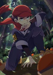 Rule 34 | 1boy, black shirt, blurry, bush, commentary request, covering own mouth, creatures (company), crescent moon, falling leaves, floating scarf, from below, game freak, grey eyes, hat, highres, jacket, leaf, logo, male focus, mocacoffee 1001, moon, night, nintendo, on one knee, outdoors, pants, poke ball, poke ball (legends), pokemon, pokemon legends: arceus, red hat, red scarf, rei (pokemon), scarf, shirt, shoes, short hair, solo, tree