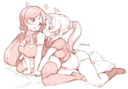 Rule 34 | 2girls, ass, ayase eli, blush, bowtie, breasts, clenched hands, hair ornament, hair scrunchie, hand on another&#039;s hand, heart, kneehighs, large breasts, leaning on person, long hair, looking at another, looking back, love live!, love live! school idol project, monochrome, multiple girls, no pants, no shoes, panties, pillow, ponytail, randou, scrunchie, shirt, short sleeves, sidelocks, sitting, sketch, smile, socks, spread legs, sweatdrop, thighhighs, tojo nozomi, twintails, underwear, undone bowtie, yuri