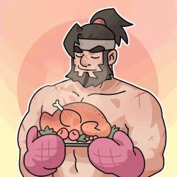 Rule 34 | 1boy, animated, animated gif, bara, beard, blush, chicken (food), cross scar, dogephalus, facial hair, food, large pectorals, lowres, male focus, muscular, muscular male, nude, oven mitts, pectorals, ponytail, scar, short hair, smelling, solo, thick eyebrows, translation request, upper body