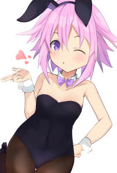 Rule 34 | 1girl, absurdres, animal ears, bare shoulders, bimmy, black pantyhose, blowing kiss, bodysuit, bow, breasts, collar, cuffs, detached collar, hair between eyes, hair ornament, hand on own hip, heart, highres, kiss, leggings, leotard, neptune (neptunia), neptune (series), one eye closed, open mouth, pantyhose, play girl, playboy bunny, purple eyes, purple hair, rabbit ears, ribbon, short hair, simple background, small breasts, solo, thighhighs, thighs, vvvtune, white background