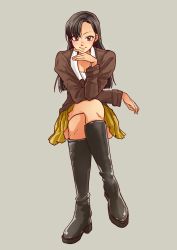 Rule 34 | 10s, 1girl, asymmetrical bangs, black footwear, boots, brown eyes, brown hair, brown jacket, closed mouth, crossed legs, elbow rest, full body, girls und panzer, grey background, highres, jacket, kani aruki (bucket crawl), knee boots, light smile, long hair, long sleeves, looking at viewer, military, military uniform, miniskirt, nishi kinuyo, pleated skirt, shirt, simple background, sitting, skirt, solo, uniform, white shirt, yellow skirt