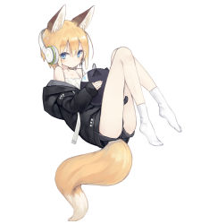 Rule 34 | 1girl, :&lt;, animal ear fluff, animal ears, ass, bare shoulders, blonde hair, blue eyes, blush, cable, commentary request, fox ears, fox tail, full body, headphones, highres, holding, jacket, knees up, kuroino (poco), long sleeves, looking at viewer, lying, no shoes, off shoulder, on back, original, poco (asahi age), shiratama kitsune, short hair, shorts, simple background, socks, solo, tail, white background, white socks
